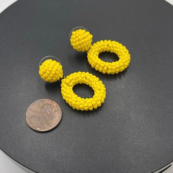 J. Crew Bright Yellow Beaded Hoop Drop Door Knocker Pierced Earrings - Picture 7 of 7